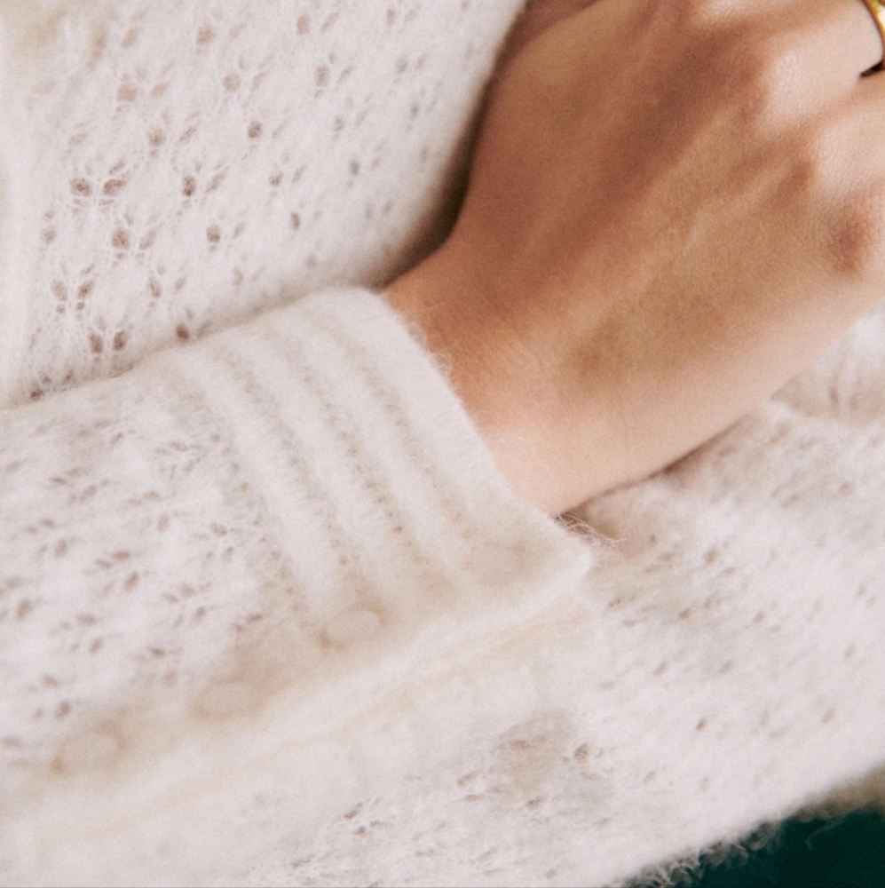 Sezane Saphia Wool/ Kid Mohair Delicate Fancy Openwork Knit White Cardigan - Picture 2 of 14
